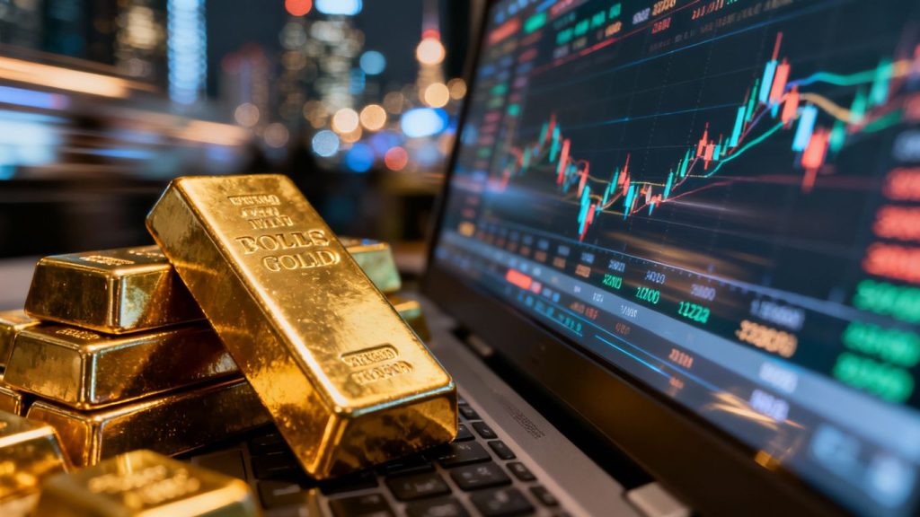Financial markets: gold, stock ticker, city lights. Financial markets: gold, stock ticker, city lights.